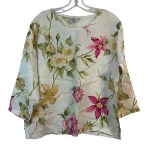 Hot Cotton by Marc Ware Floral Linen Blouse White Pink 3/4 Sleeve Top Large